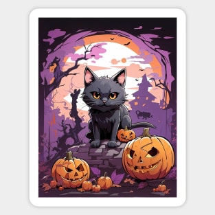 Halloween black cat with spooky pumpkins Sticker
